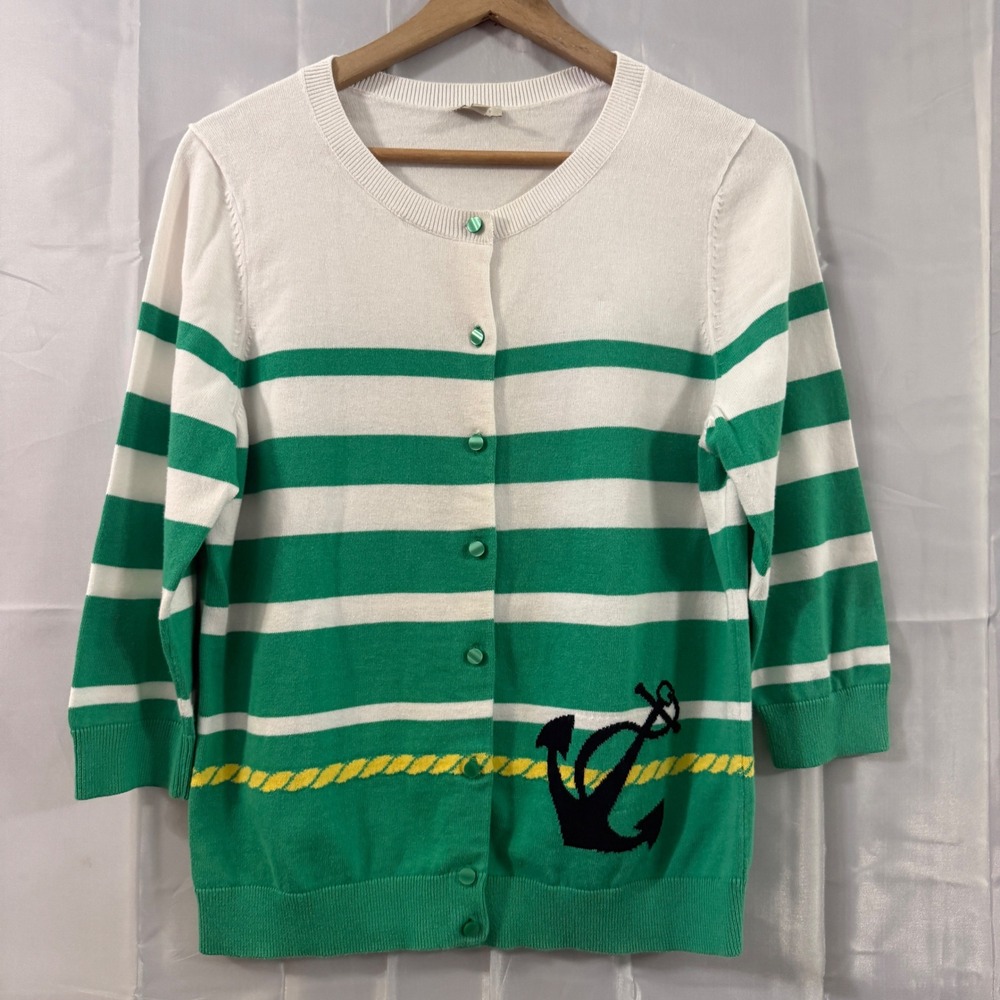 Talbots Womens‎ Green White Striped Anchor Nautical Coastal Cardigan Sweater L